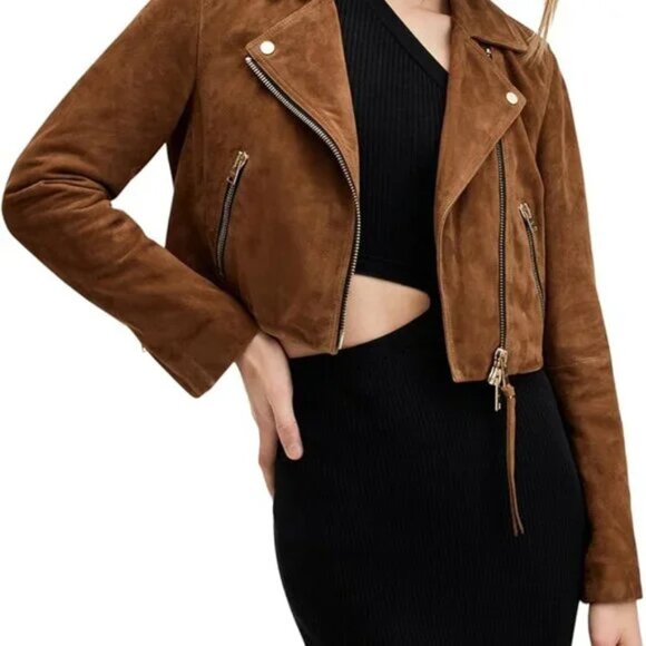 NWT AllSaints Dalby Cropped Suede Biker Jacket (SUGAR BROWN) US 10 - Picture 4 of 10